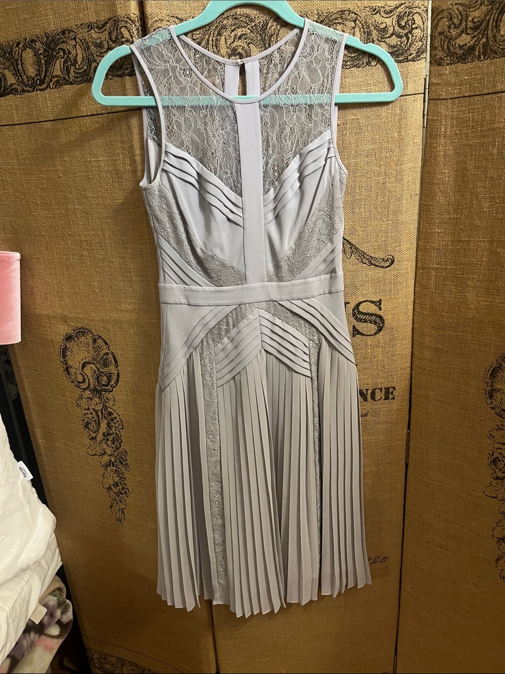 BCBG Maxazria 20s Style Elegant Lace-Panel Sleeveless Pleated Dress - Light Gray